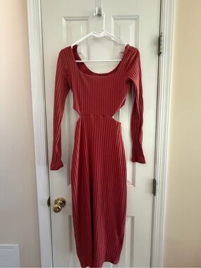 Rust Red Ribbed Long Sleeve Cutout Dress